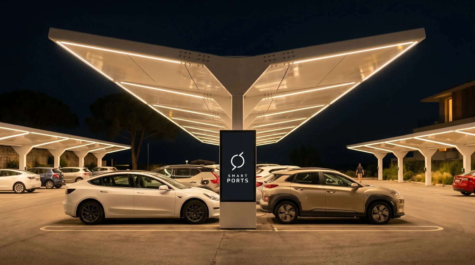 Smartports-tak på en kustnära parkeringsyta