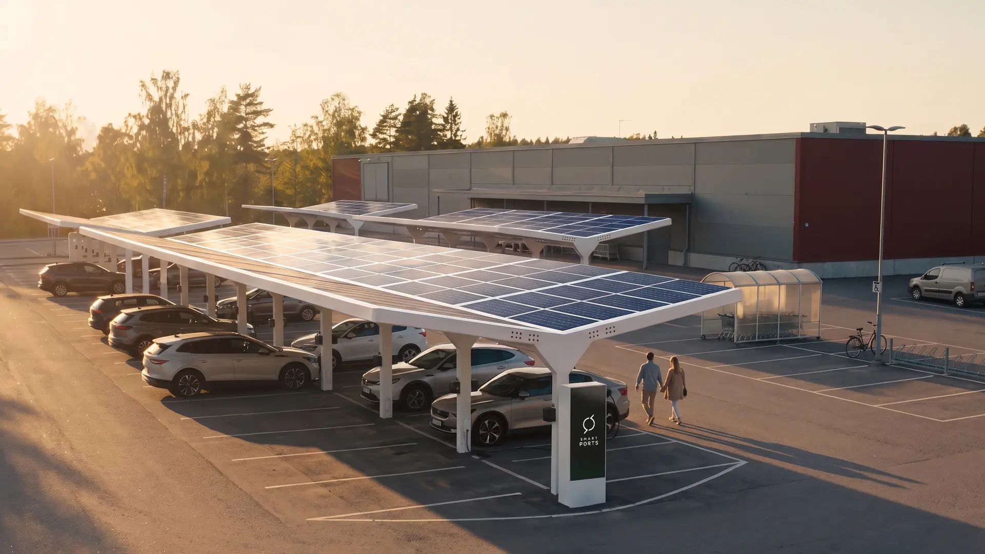 Smartports solcarport i solnedgång